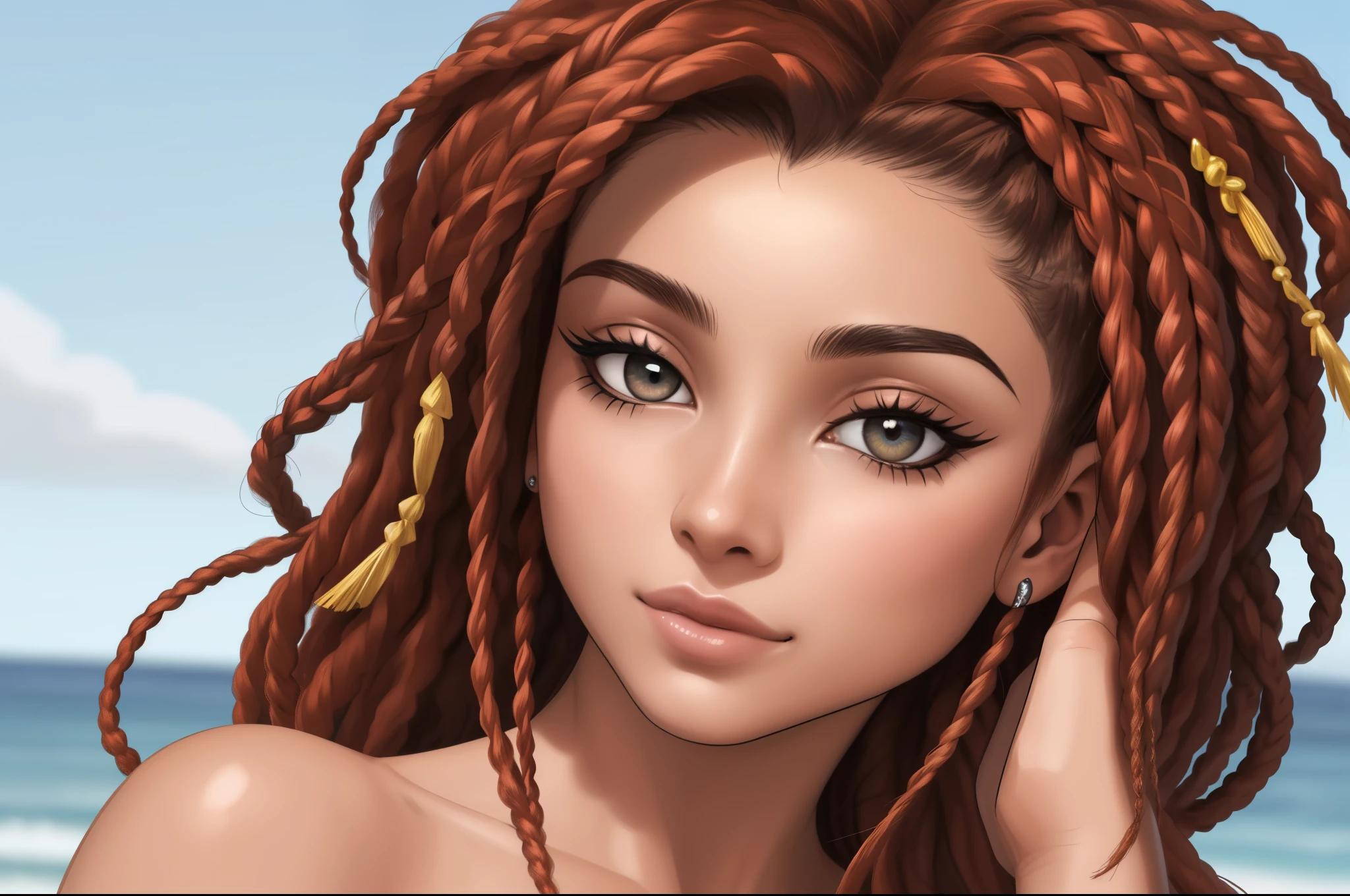 Um Mulher de 20anos, pele morena, tatuagem de estrela transparente no meio da testa, cabelos brancos cortados de lado, rastafari, perfect afro braided hair, has very long braids falling forward, sobrancelhas grossas e pretas, , olhos rosa, cabelo rosa, cabelo curto, olhos detalhados, olhos arregalados, eyelash, olhando para o espectador,  de frente,   fundo branco, reference sheet, Expressions ((Estilo Art  plano completo, Vista frontal, de personagem, Multiple one, com menos, estilo de mesmo Estilo de cabelo, menos Tipo de  , FORTE )):: ((Vision of , plano completo, Vista frontal, design, 