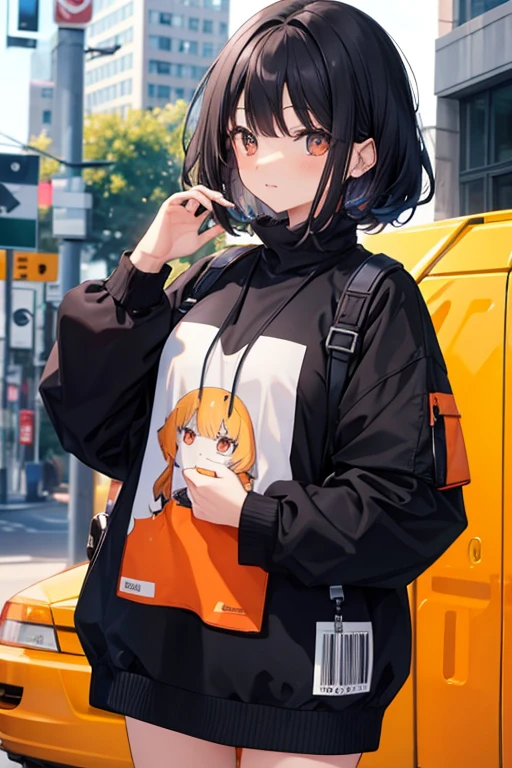 A petite black haired woman with orange eyes is posing in a sweatshirt dress on the streets
