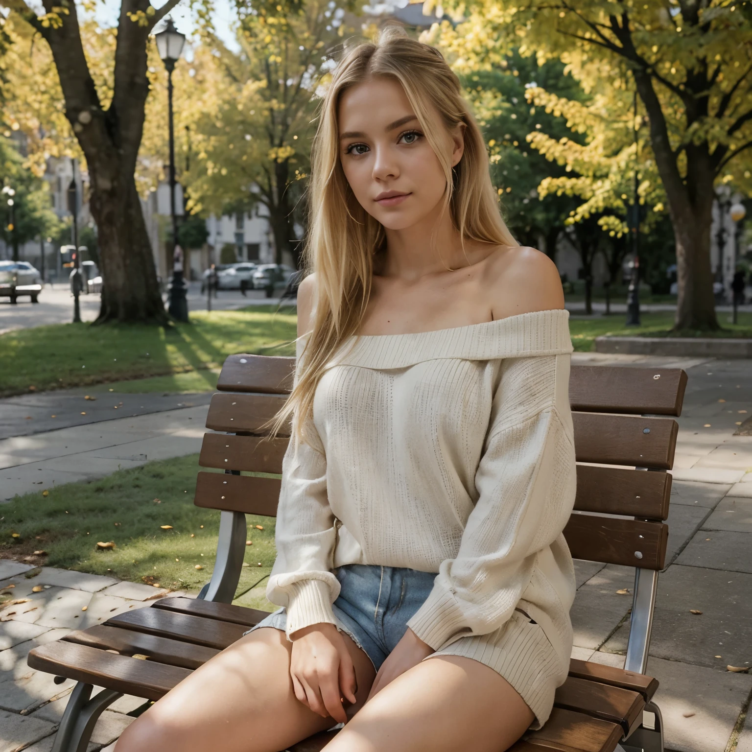 A 23-year-old blonde woman, ((hiperrealismo)) ,. blonde hair with light brown roots, cabello rubio, Hair with brown roots, sitting on a park bench wearing an off-the-shoulder sweater and shorts, es ist ein sonniger Herbstnachmittag