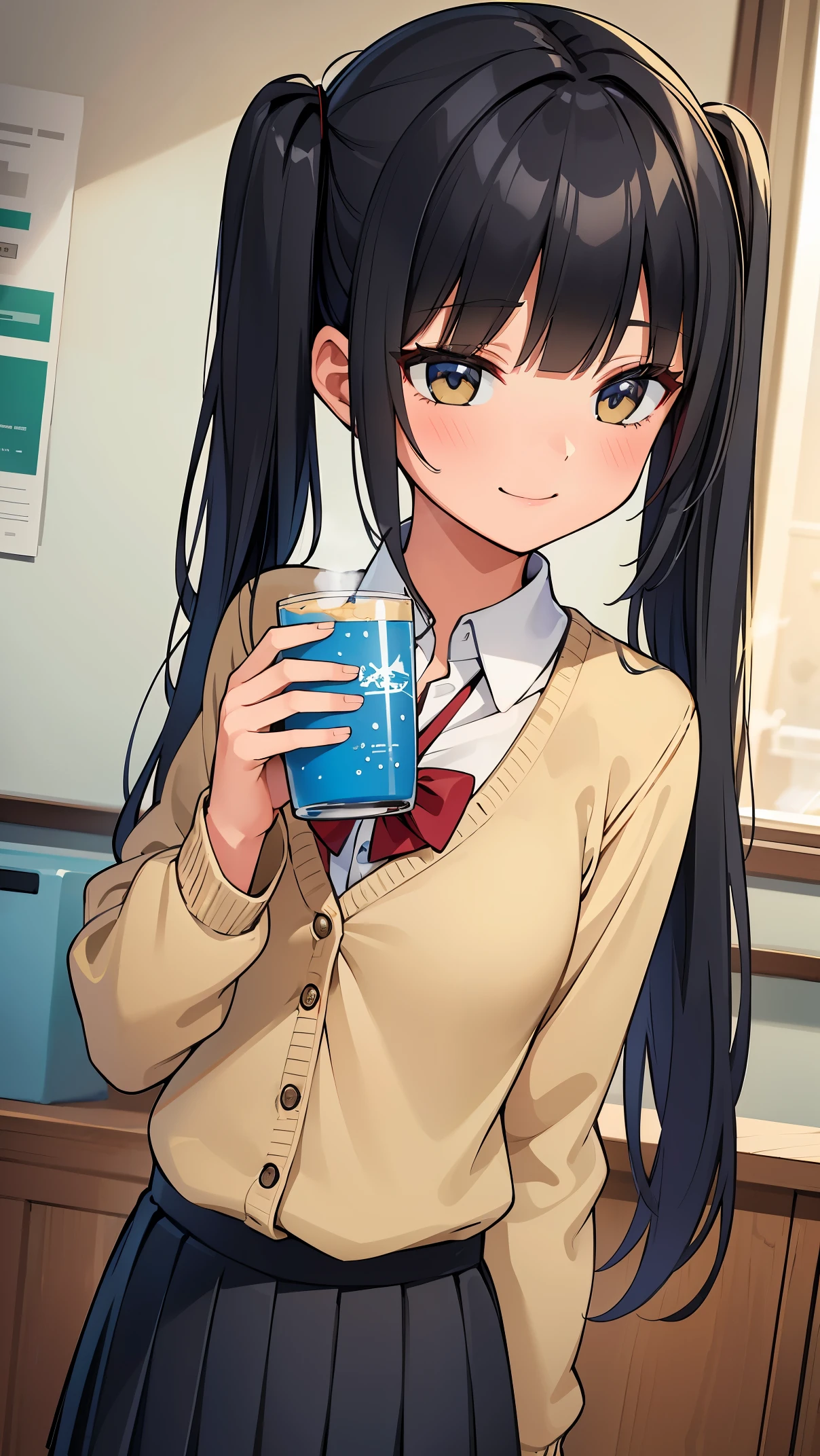 (8K, RAW photo, highest quality, masterpiece: 1.2), High-definition RAW color photo, Professional photography, cinematic light, alone, (((young woman, gal))), (Sharp features), (small face), (high detail skin: 1.2), clavicle, cute face, beautiful appearance, long eyelashes, ((black hair, inner colored hair)), twin tails, slender body, ((shy smile)), blush all over the face, school uniform, collared shirt, blazer, long sleeve, , black pleated skirt, (((holding a tumbler in hand))), drink coffee, at the cafe, steam, Warm atmosphere, close-up shot of face,