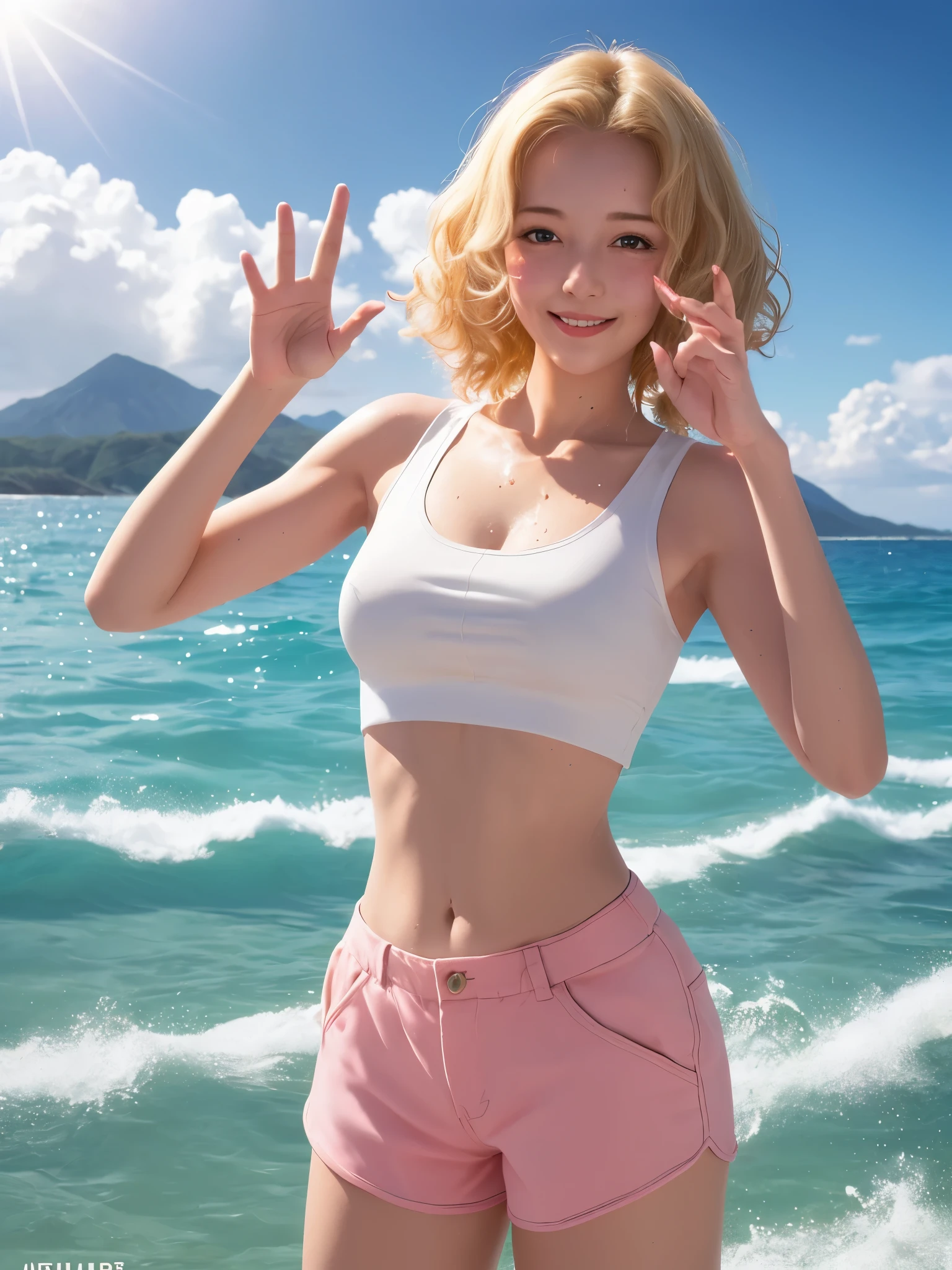 (best quality, masterpiece), 1 girl, Upper body, paw pose, 微lol, lol, happy, ocean, crop top, shorts, blonde, freckle, blush, looking at the audience, curls, long hair, cloud, splash, wave, sun, Mountain, wet