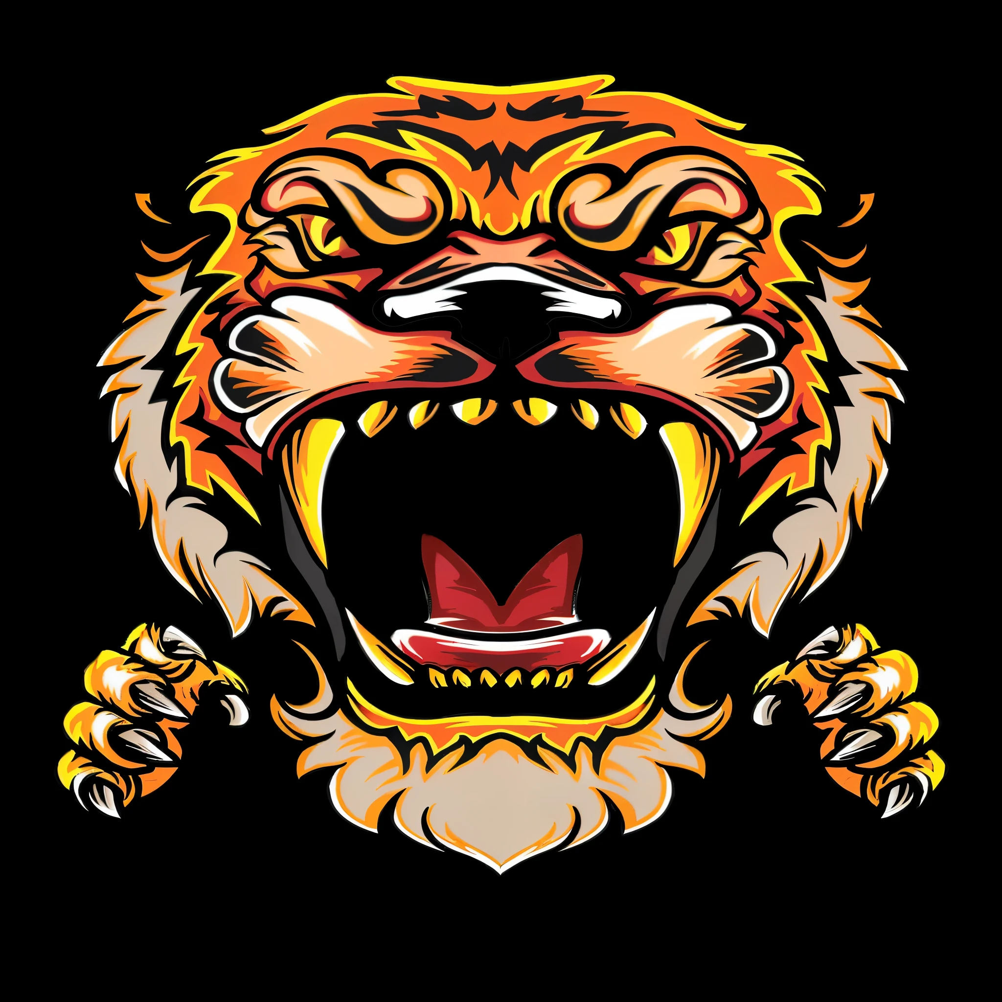 a close up of a tiger's face with its mouth open, tiger head, tiger_beast, tiger face, mouth open in a terrifying roar, anthropomorphic tiger, the tiger is smiling, tiger of fire flying, mascot illustration, highly detailed illustration.”, tiger, sharp teeth and claws, colored illustration for tattoo, full color digital illustration, fire lion