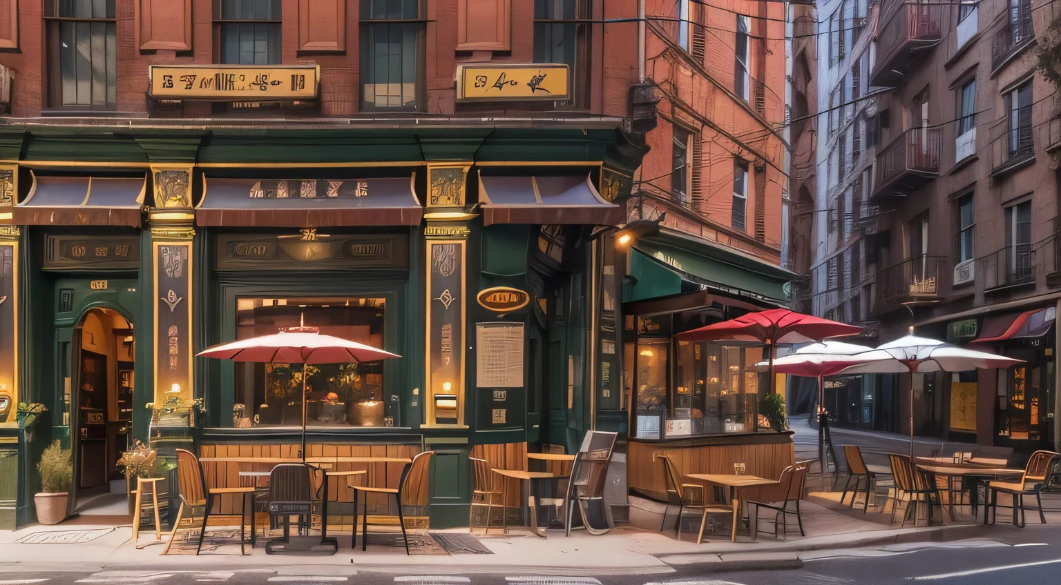 new york street, Cafe view with terrace , No portraits , masterpiece, best quality, high quality,Extremely detailed CG unified 8k wallpaper, best quality, super detailed, high resolution,