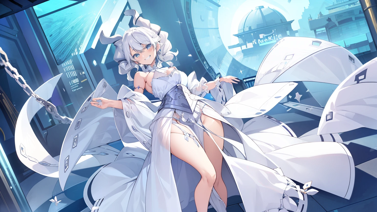 (muste piece, best quality, High resolution, ticker, perfect pixel, Depth of bounds written, In 4K), 
beautiful anime girl, 
Looking at Viewer, 
perfect body,  

white hair, horn, 
white dress, 
grin, 

full body, 