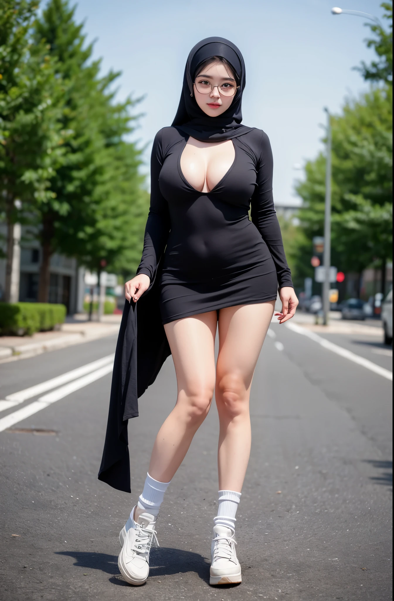 Hijab, glasses, pasmina, chubby, chubby tight,  big breasts, sepatu converse, high resolution, best quality, 8k resolution, gorgeous, High definition, baby face, full body 
