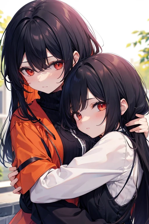 A petite black haired woman with orange eyes is hugging a red haired woman with red eyes in a park