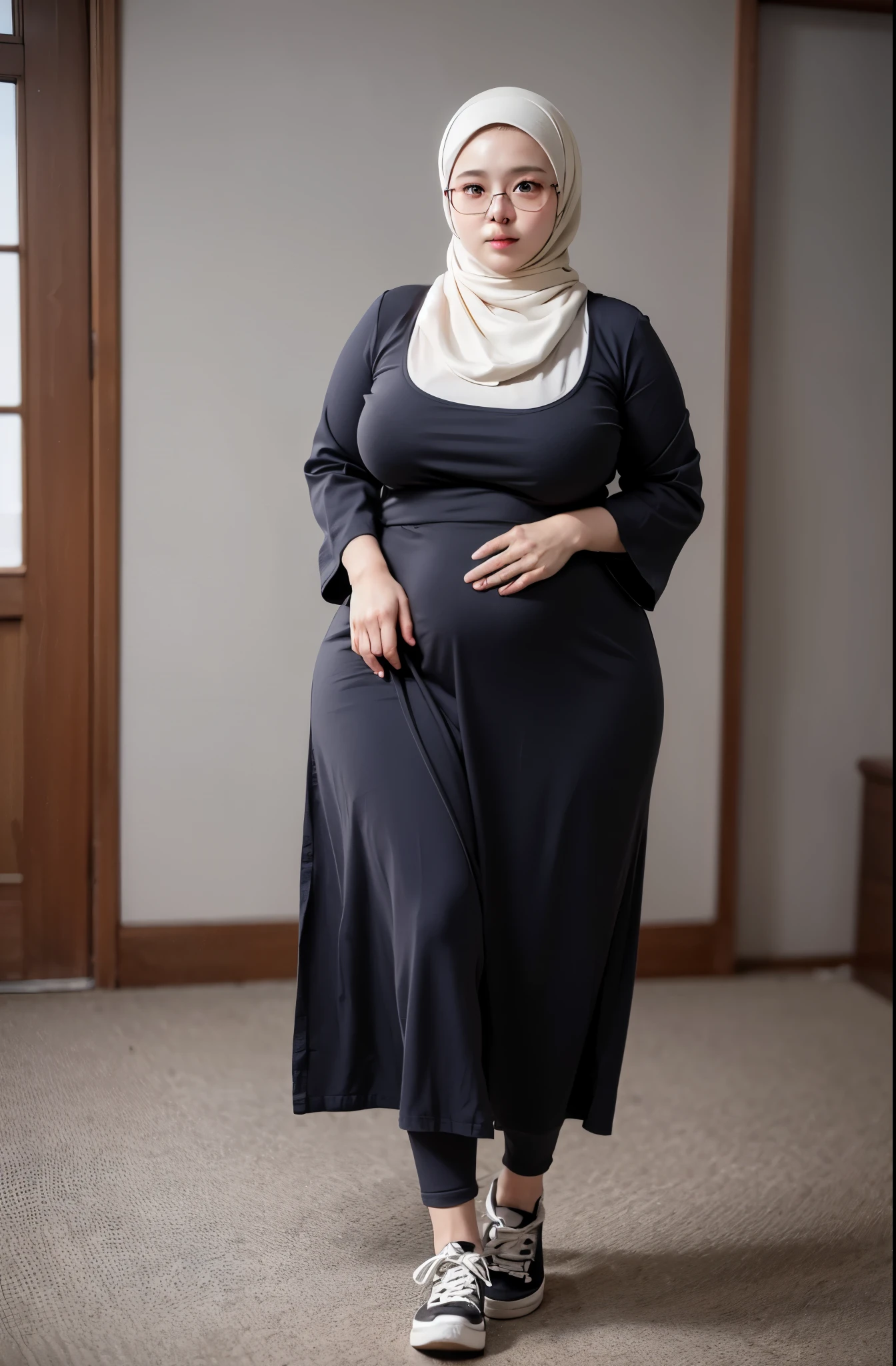 Hijab, glasses, pasmina, chubby, chubby tight, big breasts, sepatu converse, high resolution, best quality, 8k resolution, gorgeous, High definition, baby face, full body