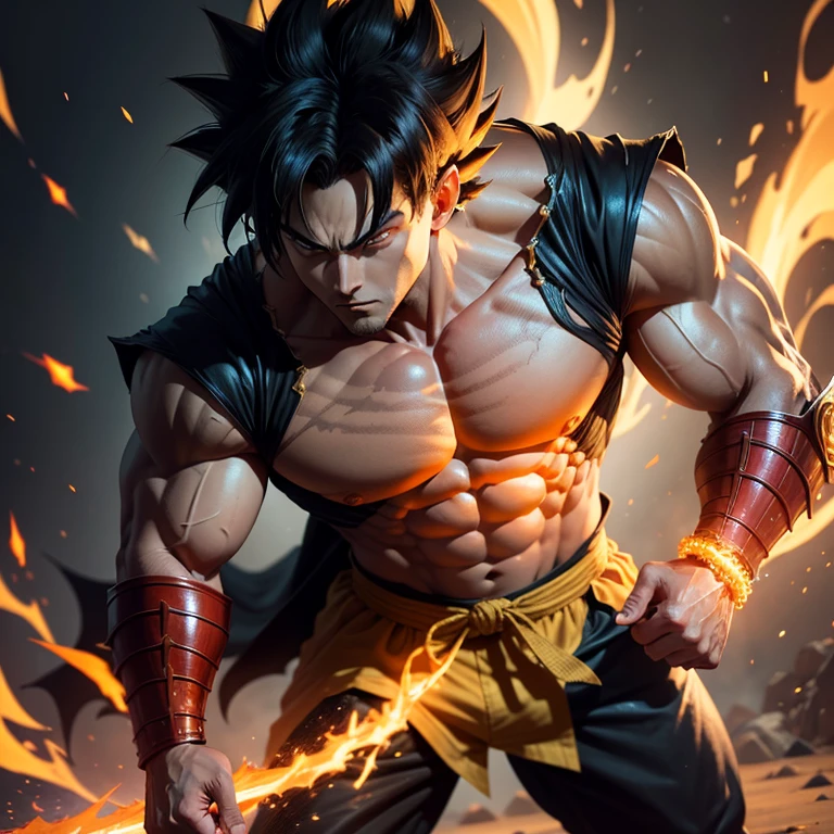 Goku, the legendary Saiyan warrior, dons an unexpected ensemble – the Batman suit embellished with golden armor. With his muscular build and fierce determination unchanged, this fusion of iconic characters promises an intriguing juxtaposition. The dark suit contrasts starkly against Goku's orange gi, while the golden armor adds an regal aura to his presence. Despite this new look, the intensity in his piercing gaze remains undeterred, leaving us pondering what new adventures await our hero.
