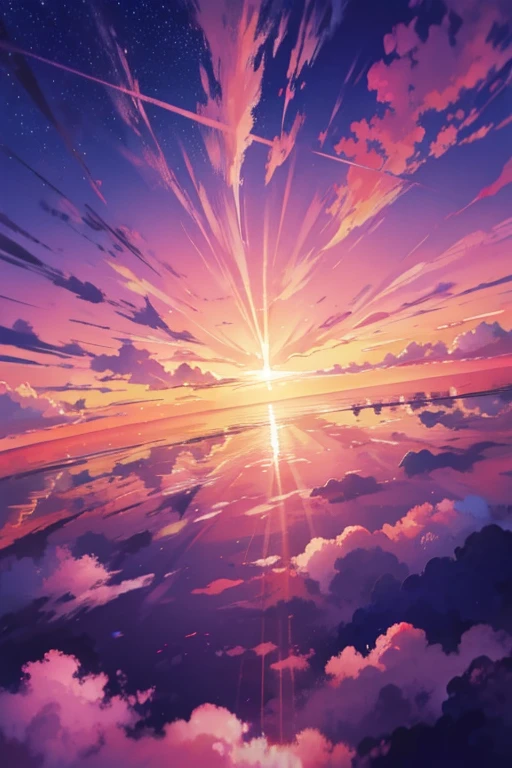 background art, detailed sky, anime background art, anime sky, colorful skies, Morning sky, beautiful sunrise, streaks of light, dawn, Pale purple sky, pink clouds, the sky changing from the darkness of night to the light of morning,
