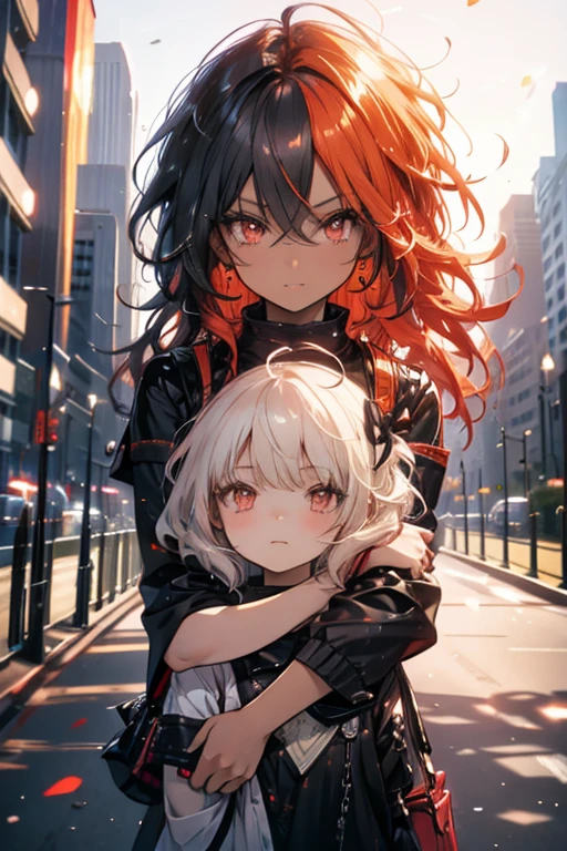 A petite black haired woman with orange eyes is hugging a red haired woman with red eyes in a park