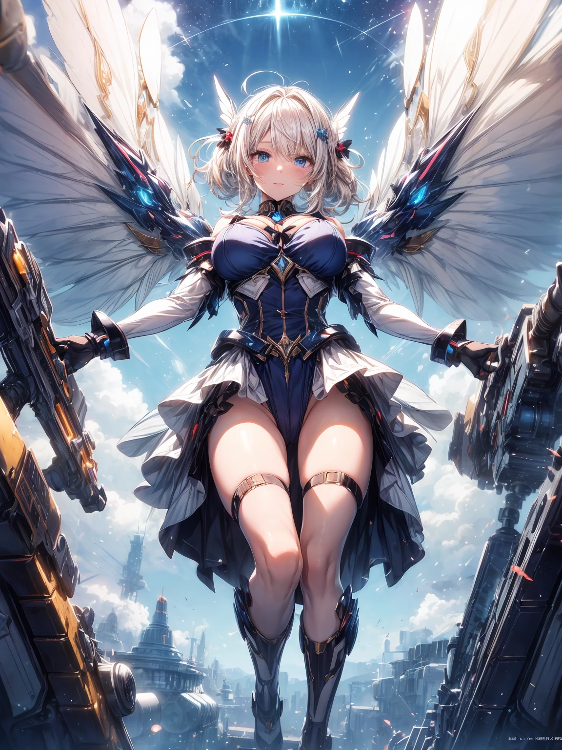 (masterpiece、highest quality, wonderful, very detailedティッカーユニティ、8k wallpaper, Depth of written boundary, Ultra-fine illustration:1.5)、。.。.3D, very detailed, (Full body Esbian、Mecha elf girl:1.3), sci-fi battlefield, Hawken, smile, open your mouth、short ponytail hair, (white blonde hair, deep blue eyes:1.2), sparkling eyes, cute顔, cute, big breasts, delicate hair, messy hair, (((Flying high in the sky))、blue sky, White cloud), shiny hair, shiny skin, (Symmetrical mechanical winetallic colored mechanical wings that are widely expanded to the left and right so that they protrude wonderfully from the screen, bite, white hair ornament), (particles of light, cinematic lighting: 1.3), (pale pink lips: 0.8), by Yusuke Murata.