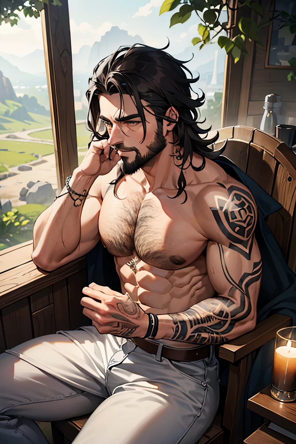 um homem de calcas, moletom, rugged look, barba longa, cabelo ruivo, tattoos on the left arm, cabelos vermelhos, sentado em trono de pedra, olhar arrogante e sorriso arrogante, spacious cave, chamas ao fundo