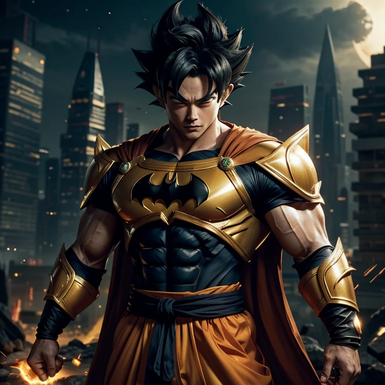 Goku, the legendary Saiyan warrior, dons an unexpected ensemble – the Batman suit embellished with golden armor. With his muscular build and fierce determination unchanged, this fusion of iconic characters promises an intriguing juxtaposition. The dark suit contrasts starkly against Goku's orange gi, while the golden armor adds an regal aura to his presence. Despite this new look, the intensity in his piercing gaze remains undeterred, leaving us pondering what new adventures await our hero.
