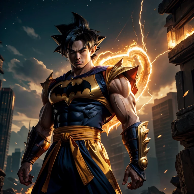Goku, the legendary Saiyan warrior, dons an unexpected ensemble – the Batman suit embellished with golden armor. With his muscular build and fierce determination unchanged, this fusion of iconic characters promises an intriguing juxtaposition. The dark suit contrasts starkly against Goku's orange gi, while the golden armor adds an regal aura to his presence. Despite this new look, the intensity in his piercing gaze remains undeterred, leaving us pondering what new adventures await our hero.