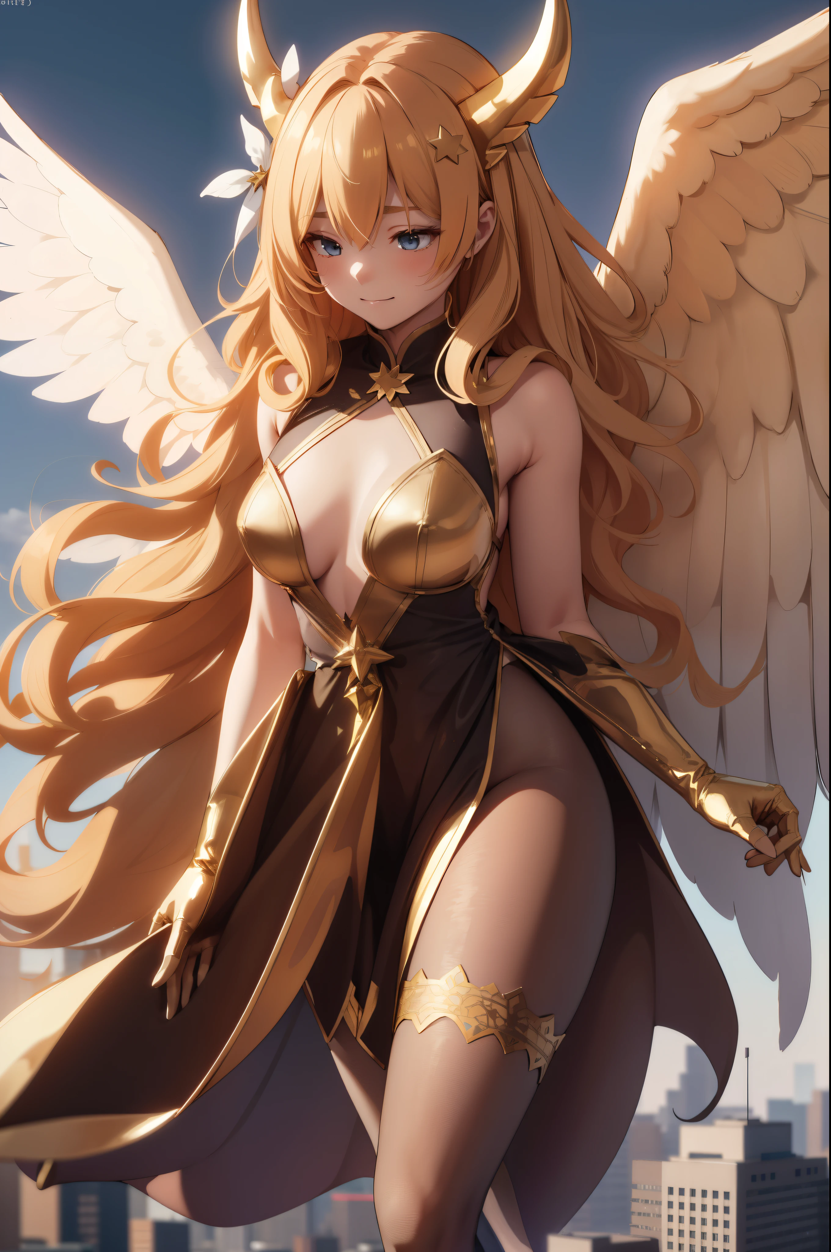 Aerial View，giant girl 50,000 feet high，Weight 1000kg，Has a pair of huge golden angel wings，With huge devil horns on his head，Has waist-length blond hair，loose hair，Blonde hair with big wavy curls，Wearing a pair of gold Mary Jane high heels，Gold lace gloves，gold lace pantyhose，Bow and star embellished tights，金色蕾丝whole body，Standing tall above the small town，Beautiful appearance，Exquisite makeup，quality，8k，高quality，Perfect proportion, Cinema lighting，film grain，Fuji colors，8k，textured skin，Super details，high detail，high resolution，fake smile，blood stains，脚底有blood stains，whole body，fat，feather