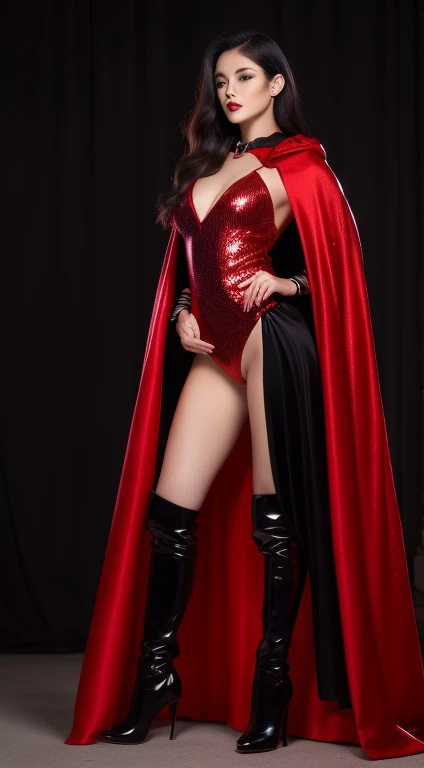 asian beauty,be realistic,red sequin dress,A super long and wide black satin vampire cloak that wraps around the body,cape,with a red satin vampire collar that reaches to the back of the head.,collar is very high,hood,Black thigh-high boots with stiletto heels, standing,frontage,full body image