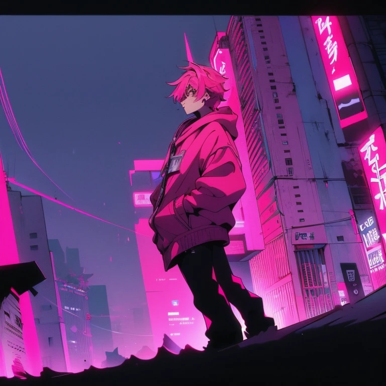 (shortcut), (two block hair), (bright pink hair), (male character), (red eyes), (cool pose), (top quality), (masterpiece), (Super detailed), (oversized hoodie), (Street style), (neon), (modern city), (neonデイライト), (cinematic), (stylish), (High resolution), (hyper-detailed), (soft town), (Nightcore), (a handsome guy), (wearing headphones), (natural appearance of the building), (casual), (IG studio anime style), (standing pose), (Shooting from a low angle), (looking at the camera)
