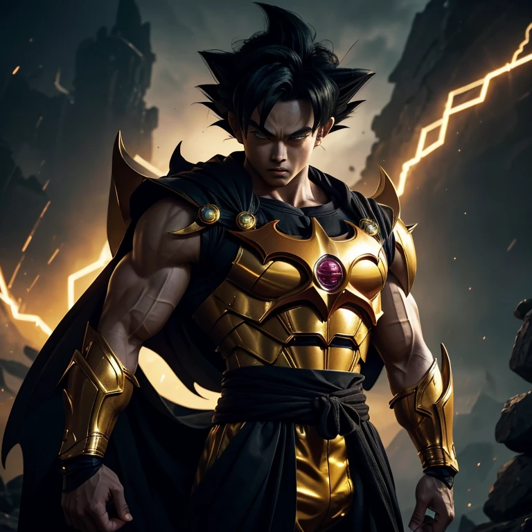 Goku, the legendary Saiyan warrior, dons an unexpected ensemble – the Batman suit embellished with golden armor. With his muscular build and fierce determination unchanged, this fusion of iconic characters promises an intriguing juxtaposition. The dark suit contrasts starkly against Goku's orange gi, while the red mettalic armor adds an regal aura to his presence. Despite this new look, the intensity in his piercing gaze remains undeterred, leaving us pondering what new adventures await our hero.