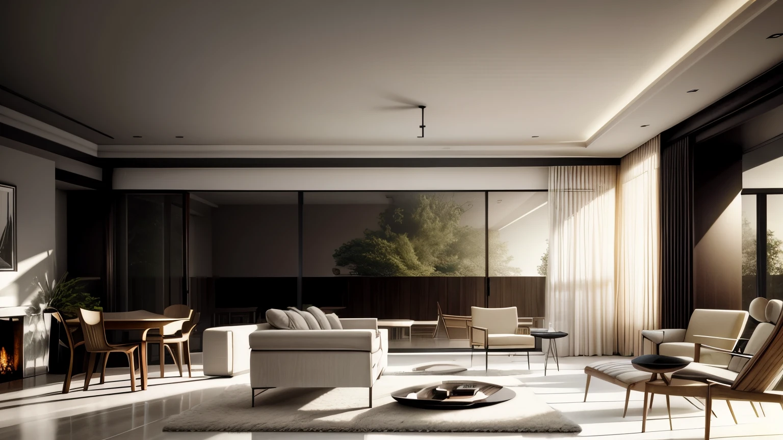 there is a living room with a piano and a large window, architectural visualization, Render in enscape, detailed architectural visualization render, living room, Floor-to-ceiling windows, Award-winning rendering, Render lighting, , ceiling to floor windows, Atmospheric rendering vray rendering, realistic physical rendering, INS style