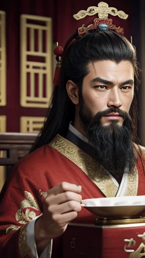 oriental、man in ancient chinese clothes、ancient chinese hairstyle man、three kingdom、multiple warlords、highest quality、masterpiece、ultra high resolution、(realistic:1.4)、game poster、Clear and beautiful image quality、Red clothes、long beard、I put a small box on my head、holding a plate-shaped fan
