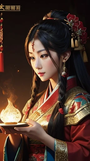 oriental、man in ancient chinese clothes、ancient chinese hairstyle man、three kingdom、multiple warlords、highest quality、masterpiece、ultra high resolution、(realistic:1.4)、game poster、Clear and beautiful image quality、Red clothes、long beard、I put a small box on my head、holding a plate-shaped fan