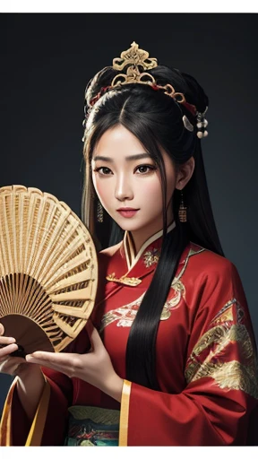 oriental、man in ancient chinese clothes、ancient chinese hairstyle man、three kingdom、multiple warlords、highest quality、masterpiece、ultra high resolution、(realistic:1.4)、game poster、Clear and beautiful image quality、Red clothes、long beard、I put a small box on my head、holding a plate-shaped fan