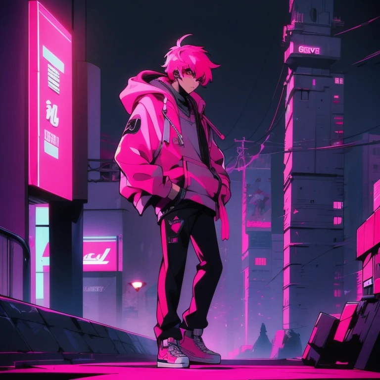 (shortcut), (two block hair), (bright pink hair), (male character), (red eyes), (cool pose), (top quality), (masterpiece), (Super detailed), (oversized hoodie), (Street style), (neon), (modern city), (neonデイライト), (cinematic), (stylish), (High resolution), (hyper-detailed), (soft town), (Nightcore), (a handsome guy), (wearing headphones), (natural appearance of the building), (casual), (IG studio anime style), (standing pose), (Shooting from a low angle), (looking at the camera)