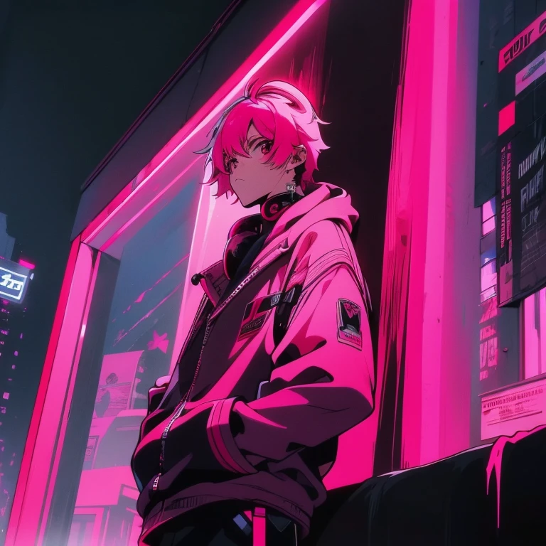 (shortcut), (two block hair), (bright pink hair), (male character), (red eyes), (cool pose), (top quality), (masterpiece), (Super detailed), (oversized hoodie), (Street style), (neon), (modern city), (neonデイライト), (cinematic), (stylish), (High resolution), (hyper-detailed), (soft town), (Nightcore), (a handsome guy), (wearing headphones), (natural appearance of the building), (casual), (IG studio anime style), (standing pose), (Shooting from a low angle), (looking at the camera)