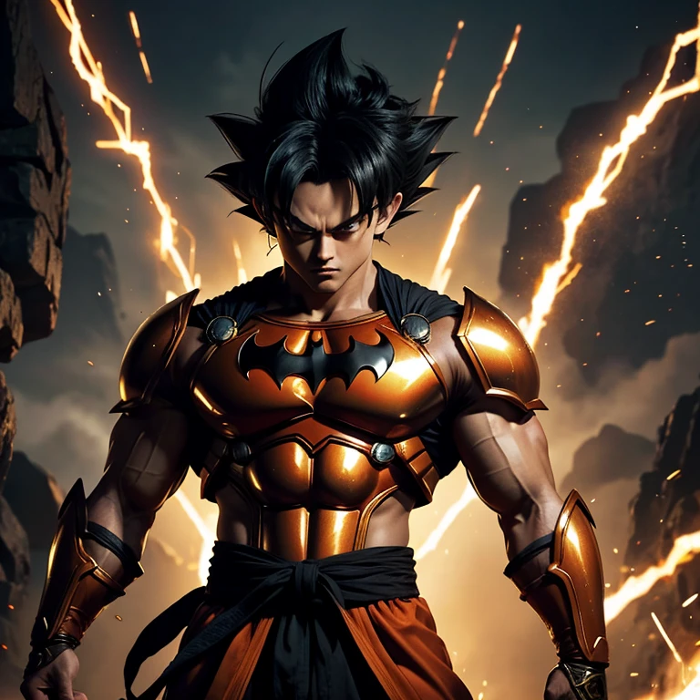 Goku, the legendary Saiyan warrior, dons an unexpected ensemble – the Batman suit embellished with golden armor. With his muscular build and fierce determination unchanged, this fusion of iconic characters promises an intriguing juxtaposition. The dark suit contrasts starkly against Goku's orange gi, while the golden armor adds an regal aura to his presence. Despite this new look, the intensity in his piercing gaze remains undeterred, leaving us pondering what new adventures await our hero.