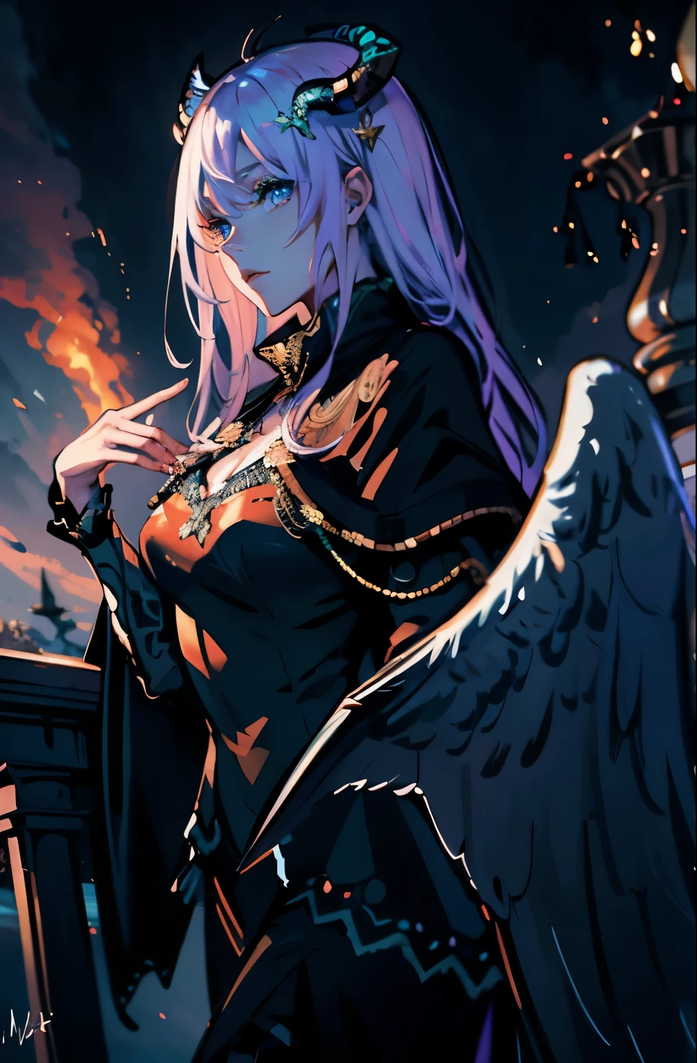 (best quality, 4k, 8k, high resolution, masterpiece: 1.2), ultra-detailed, hauntingly beautiful, powerful, mystical, majestic, mysterious, enchanting, elegant,beauty, attractive,floating, horns, black wings, shining, robes fluttering, delicate and detailed features, piercing eyes, radiant skin, on a bed, a shining tower, vast wuarto, divine beauty, solemn atmosphere