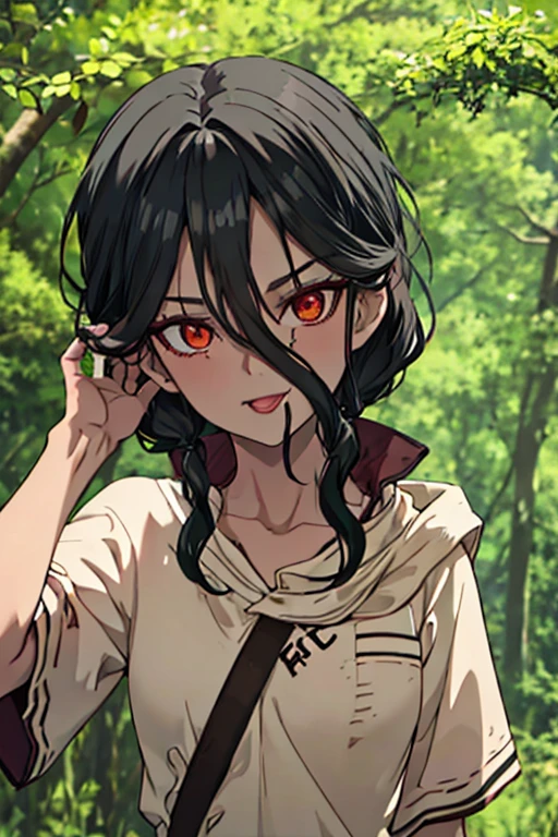 A petite black haired woman with orange eyes is sticking out her tongue in the woods