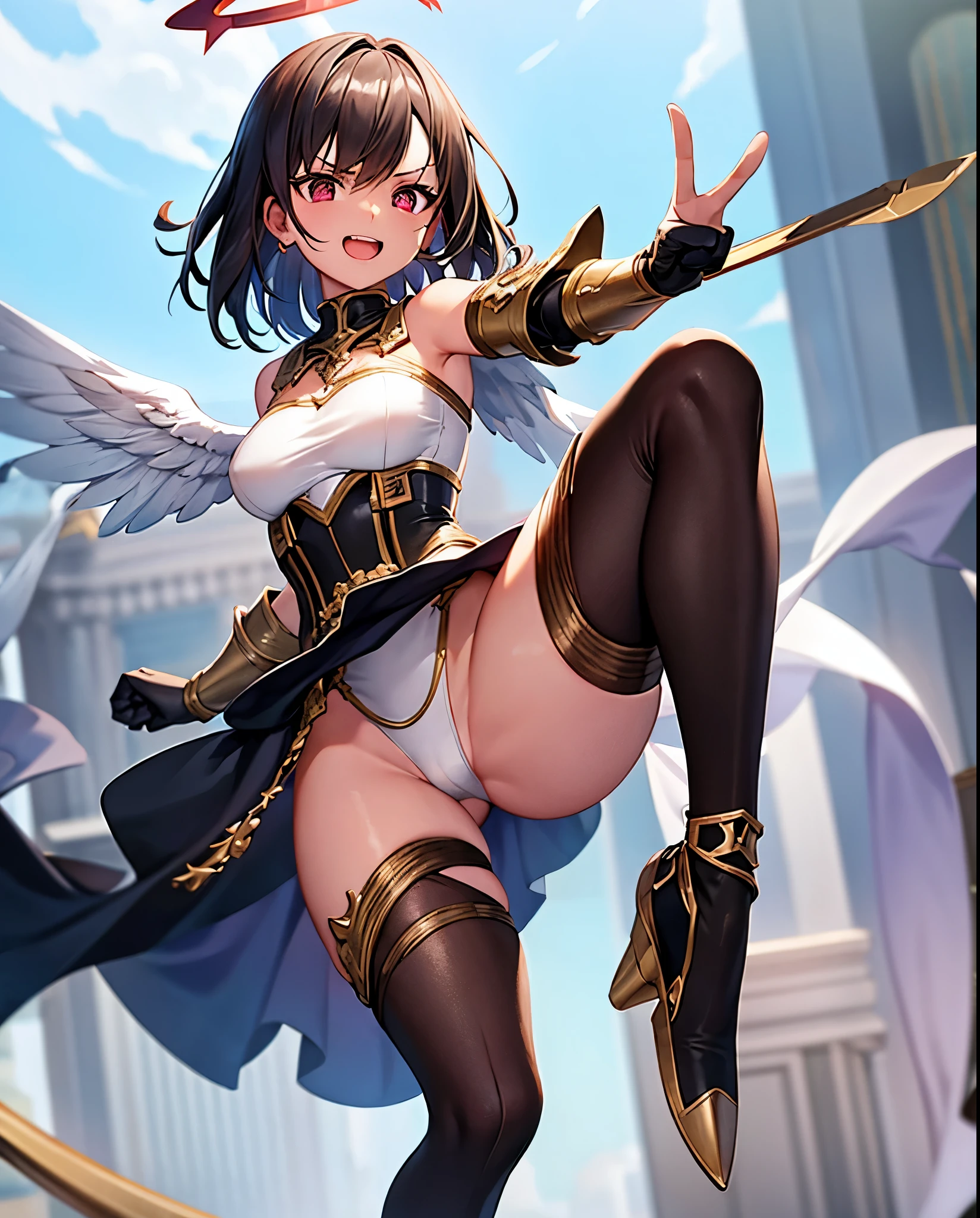 fantasy, 1angel_girl, loli,bwn_hair, medium_bob_hair, long_bangs, halo,bare_shoulder,thighhighs,silver_armor, waist_armor, large_breasts,angry,grinning,open_mouth_teeth, 1pair_wings, dynamic_pose_fighting,floating, bare_crotch, headgear,gauntlet, greaves,city_sky_background,slightly_spread_legs, solo, groin_naked,dark_skin,