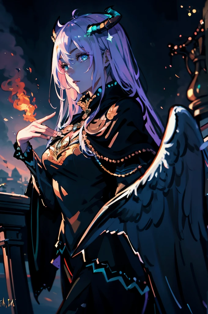 (best quality, 4k, 8k, high resolution, masterpiece: 1.2), ultra-detailed, hauntingly beautiful, powerful, mystical, majestic, mysterious, enchanting, elegant,beauty, attractive,floating, horns, black wings,  shining, robes fluttering, delicate and detailed features, piercing eyes, radiant skin, on a bed, a shining tower, vast wuarto, divine beauty, solemn atmosphere