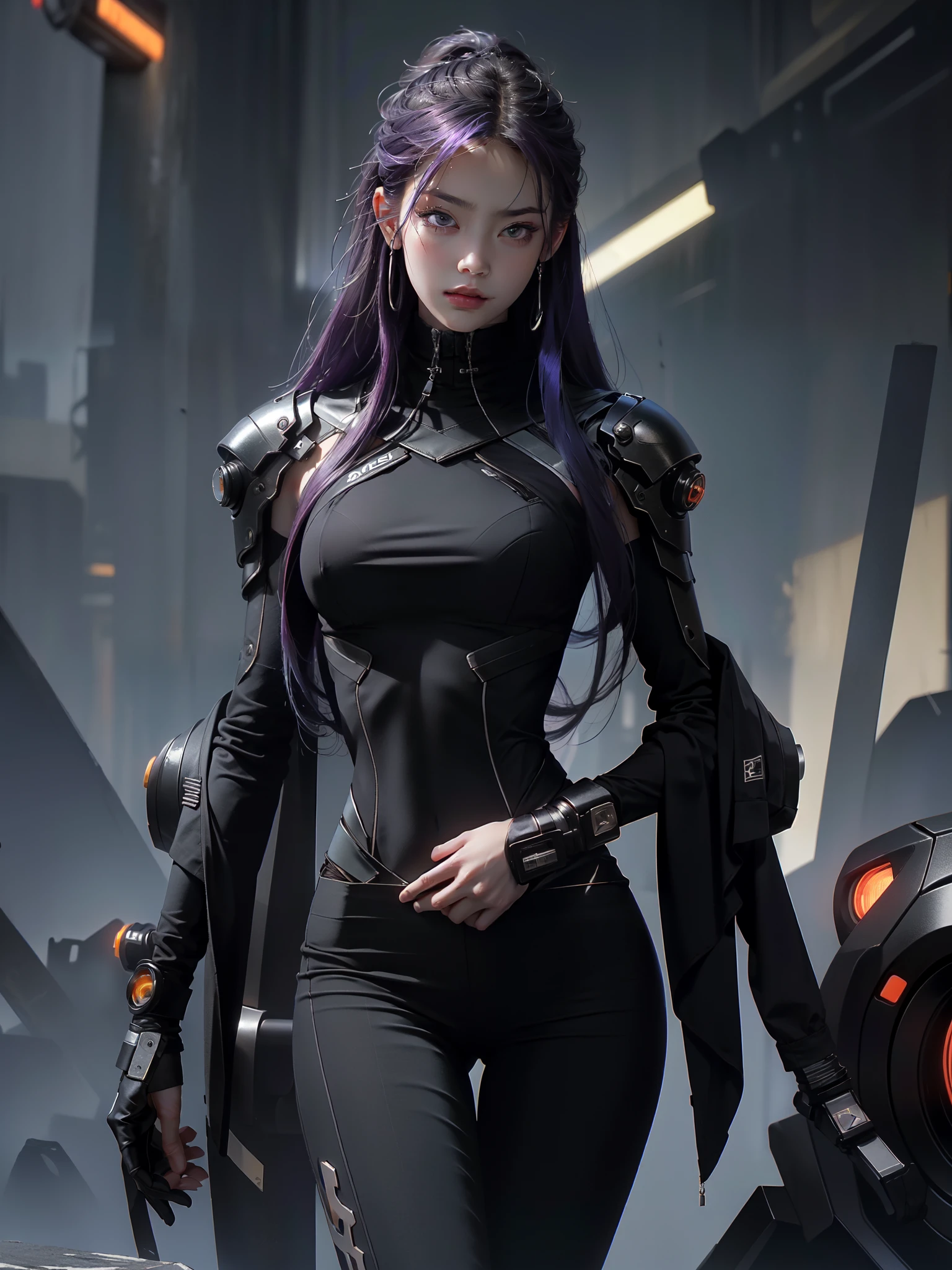 masterpiece, best quality, high resolution, Very detailed, 1 girl looks arrogant at 18 years old, shape, healthy, (she is a villain, She is the last boss (female focus:1.3), Miss, healthy, muscular, (Hips are very thin:1.1), (Waist is very wide:1.1), Blade Runner suit, cyberpunk clothing, Chuanghui Hair, colorful hair