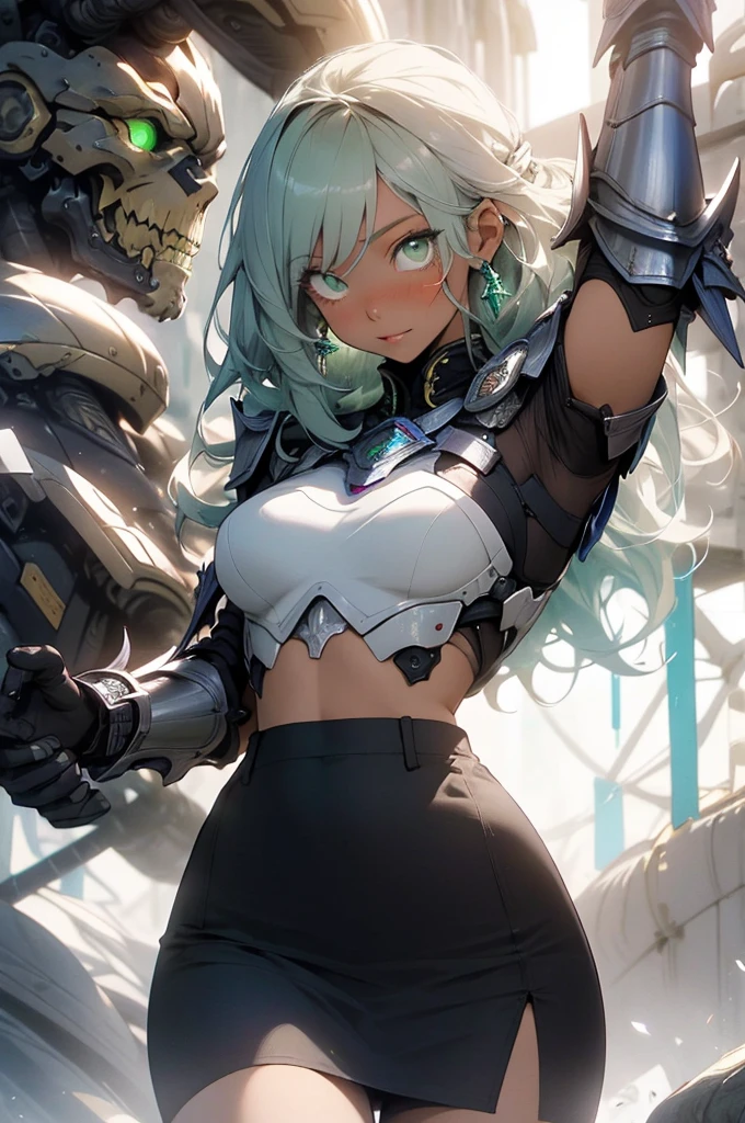 be realistic,(masterpiece,highest quality,highest quality,very detailed,fractal art,most detailed,(abstract background:1.5)(1 girl),Kamimei,(hair length),(green eyes shine、Breasts get bigger,stunned),crystallization,sexy、machine armor、tanned skin、Blake、(black pencil skirt)