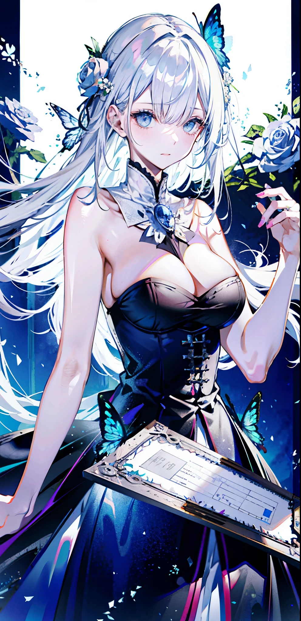 silver hair,Butterfly,long gray hair,8k wallpaper,Detailed background,Highest resolution,Deep V big breasts,hair covering one eye,Church background,White Rose,Tight,moon,