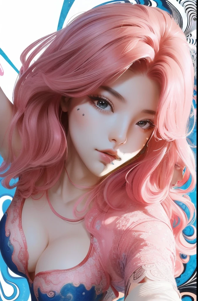 ((masterpiece:1.2, best quality)), super detailed, Super accurate depiction, super detailed的描绘, (Zentangle:1.2), (dynamic poses), (abstract background:1.5), wavy long hair, pink hair,A beautiful one-piece lace female figure, 1 Lace Girl, colorful, portrait, (from above:1.2)