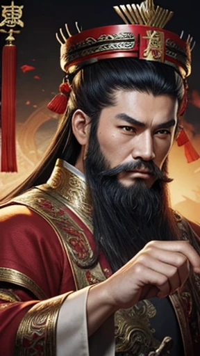 oriental、man in ancient chinese clothes、ancient chinese hairstyle man、three kingdom、multiple warlords、highest quality、masterpiece、ultra high resolution、(realistic:1.4)、game poster、Clear and beautiful image quality、Red clothes、long beard、I put a small box on my head、