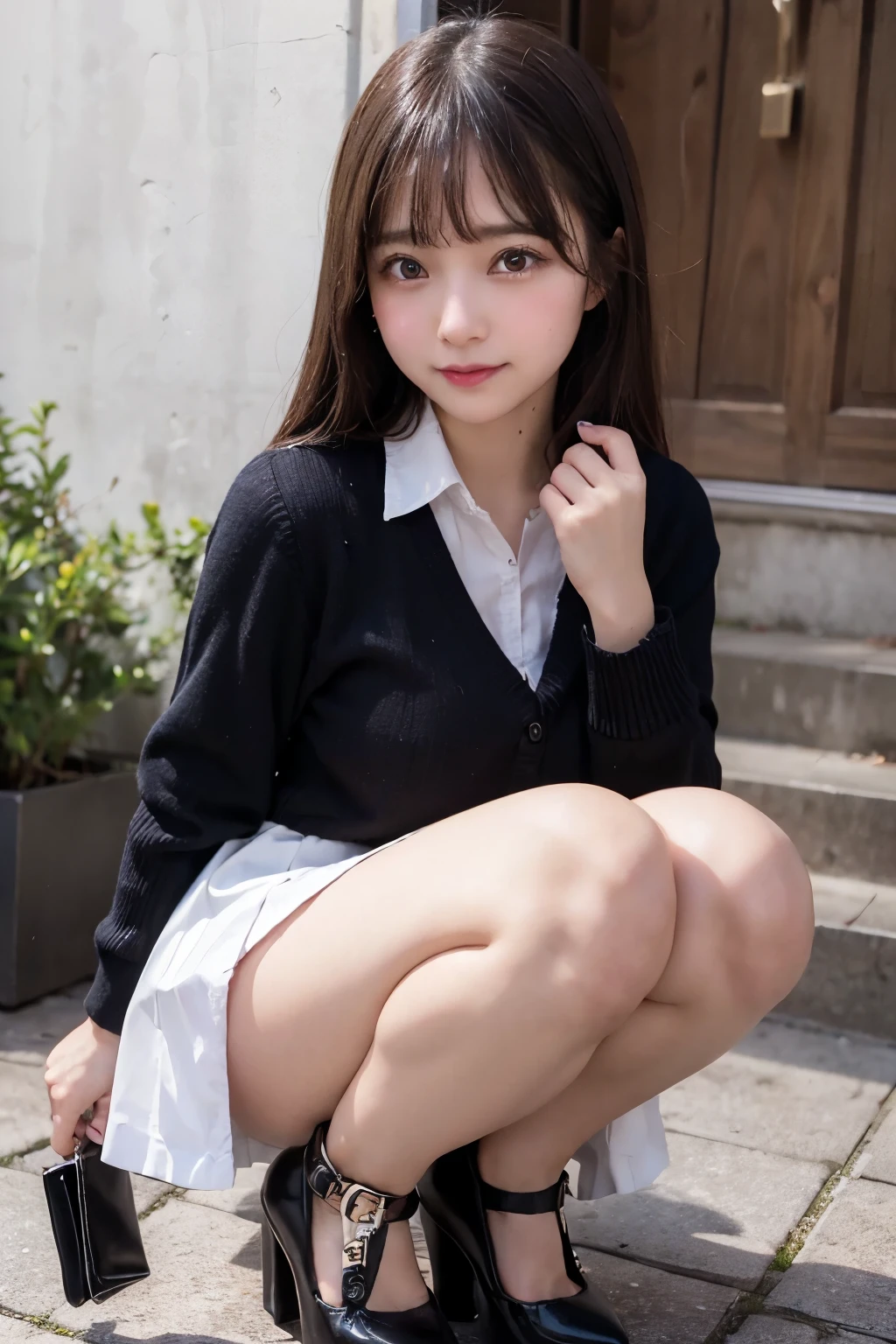 1 schoolgirl, high heels shoes, (the pubic area is visible), ((dripping menstrual blood)), cabelo cinza, seios grandes, pernas abertas,