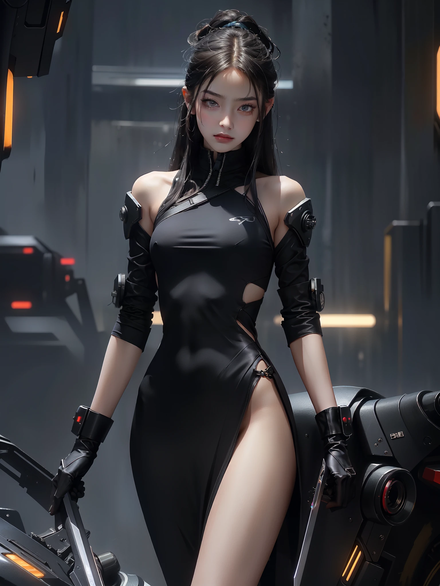 masterpiece, best quality, high resolution, Very detailed, 1 girl looks arrogant at 18 years old, shape, healthy, (she is a villain, She is the last boss (female focus:1.3), Miss, healthy, muscular, (Hips are very thin:1.1), (Waist is very wide:1.1), Blade Runner suit, cyberpunk clothing, Chuanghui Hair, colorful hair