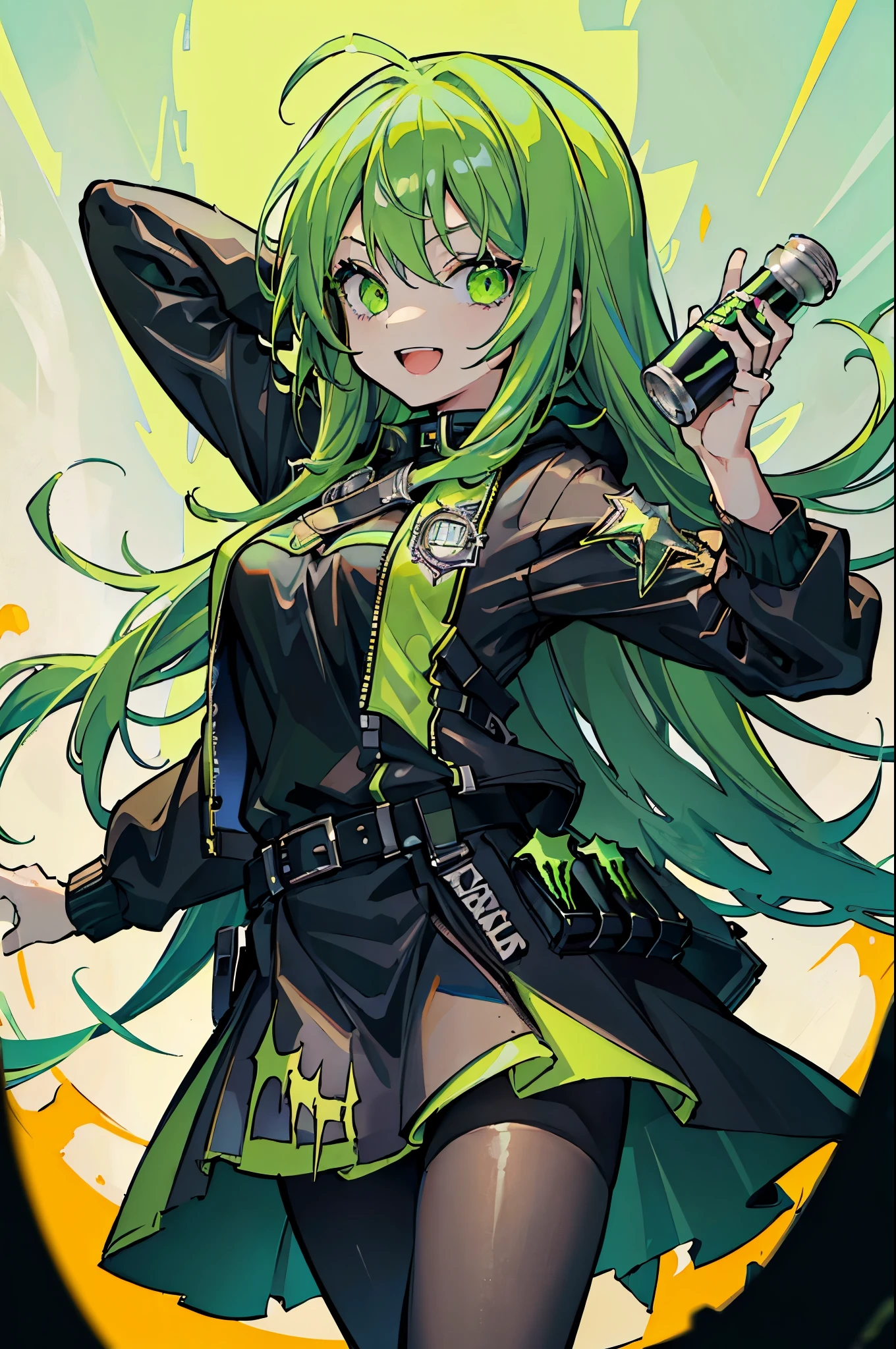(masterpiece, best quality:1.2), Masterpiece, best quality, high quality, ultra detailed, solo, 1girl, smile, open mouth, looking at viewer, holding monster energy can, long hair, black and Fluorescent green hair, Fluorescent green eyes, glowing eyes, jacket, skirt, pantyhose, body harness