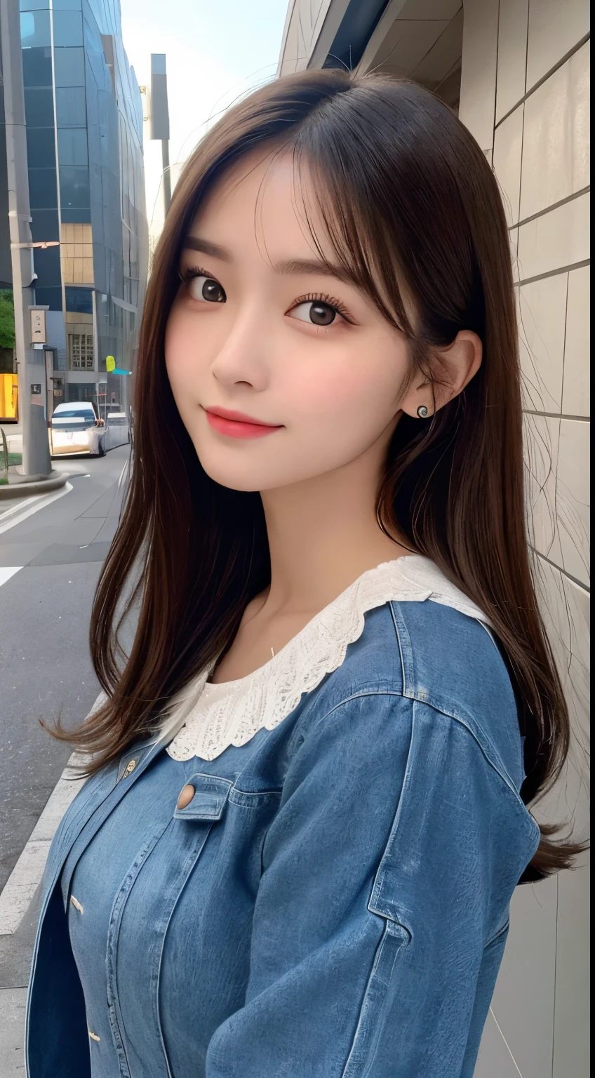 table top, highest quality, shape, Super detailed, finely, High resolution, 8k wallpaper, 完璧なダイナミックな構shape, beautiful and detailed eyes, Latest trend fashion Tokyo winter wear,medium hair, small breasts, natural color lip,smile,20 year old girl、midnight、beautiful and detailed face、perfect and beautiful face、slim face and style,spread your arms wide,Big eyes,Take a photo from below the knees at a face angle、small face、beautiful detailed face、perfect and beautiful double eyelids