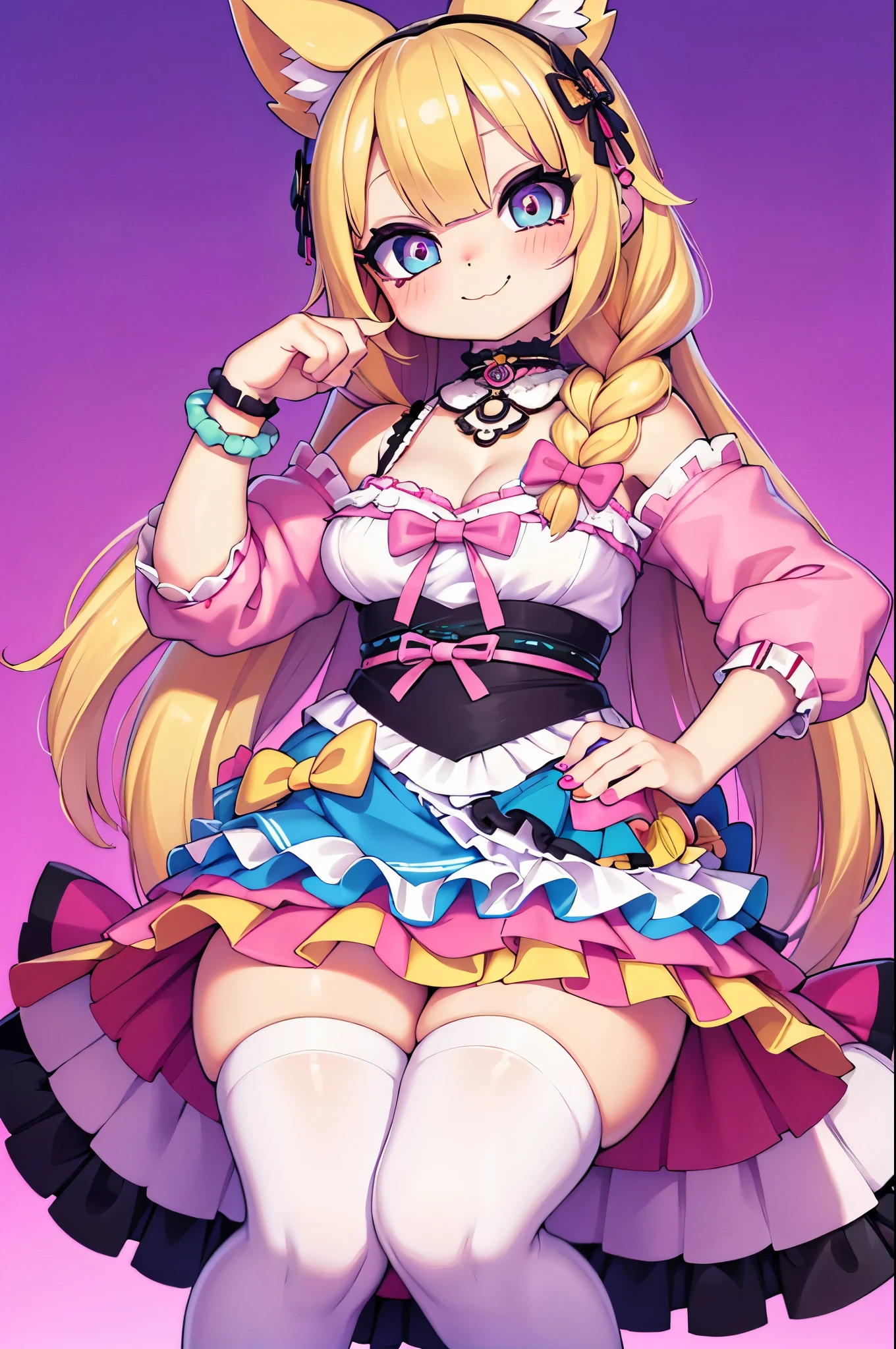 (masterpiece), (detailed eyes), perfect face, professional photography, joyful mood, Catgirl, blonde hair, braid, detailed face, long legs, smiling, BREAK,
BREAK,
((((Layers of colorful accessories)))), baby pink designer heels, mismatched thigh-highs, (oversized bows skirt), (statement decora fashion top), (((((plethora of kawaii accessories))))), the character starring in a Harajuku-themed fashion editorial for a renowned magazine, (((photoshoot takes place against iconic Harajuku backdrops))), capturing the essence of Harajuku district's diverse fashion culture,
