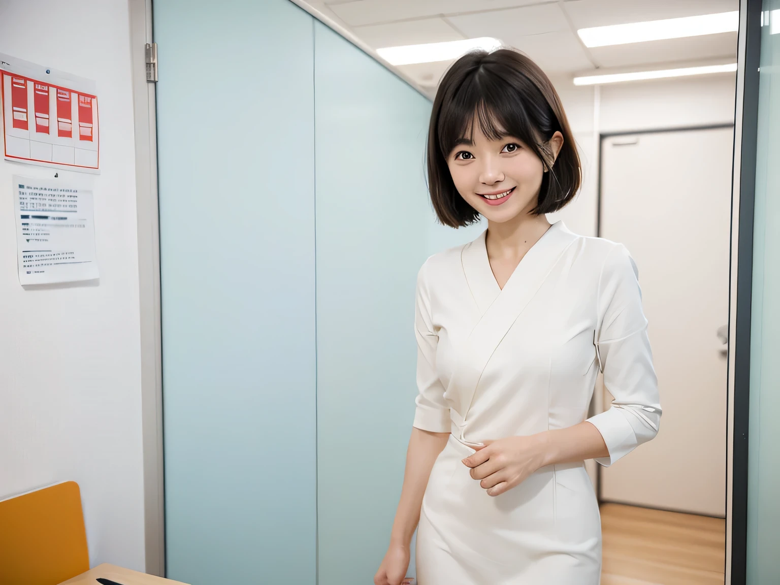 有一位Japan Office女士,Cute smile,Short hair with oblique bangs,In modern minimalist office,looking at the wall, Simple business casual attire,simple clothes,There is a whiteboard on the wall, minimalist , Japan Office, japanese lady, Standing in the office looking at the white ball on the wall,Modern decorated office,long shot