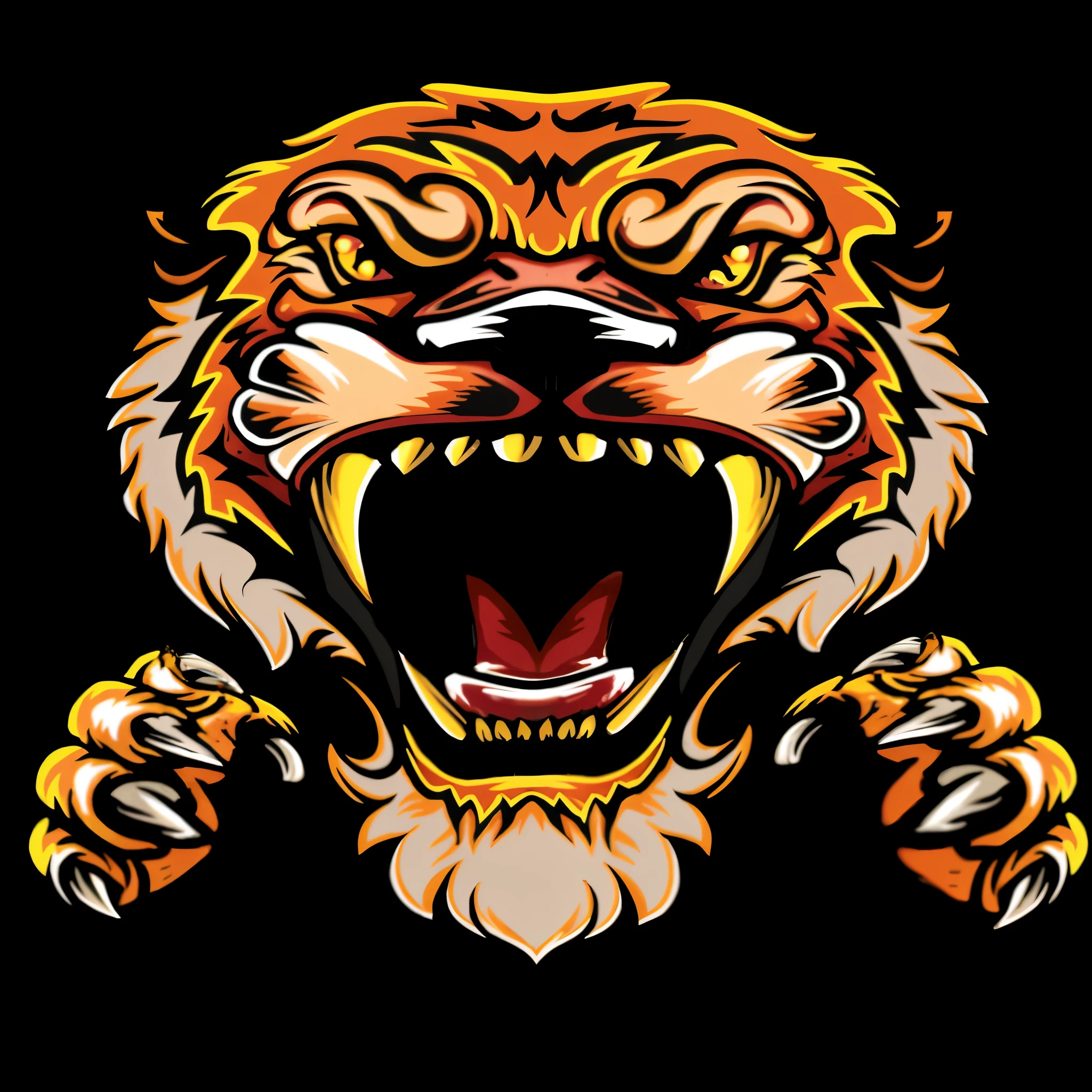 a close up of a tiger's face with its mouth open, tiger_beast, tiger head, tiger of fire flying, anthropomorphic tiger, mascot illustration, mouth open in a terrifying roar, tiger face, the tiger is smiling, tiger, sharp teeth and claws, sabertooth, fire lion, growling, colored illustration for tattoo, highly detailed illustration.”