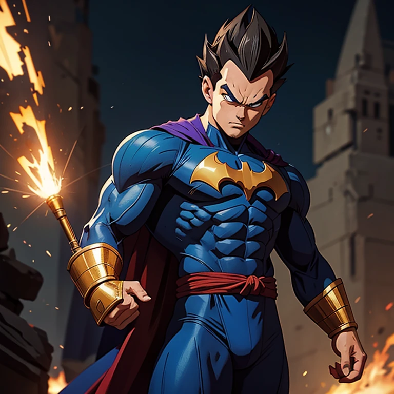 Vegeta, the legendary Saiyan warrior, dons an unexpected ensemble – the Batman suit embellished with blue gold armor. With his muscular build and fierce determination unchanged, this fusion of iconic characters promises an intriguing juxtaposition. The dark suit contrasts starkly against Goku's orange gi, while the golden armor adds an regal aura to his presence. Despite this new look, the intensity in his piercing gaze remains undeterred, leaving us pondering what new adventures await our hero.