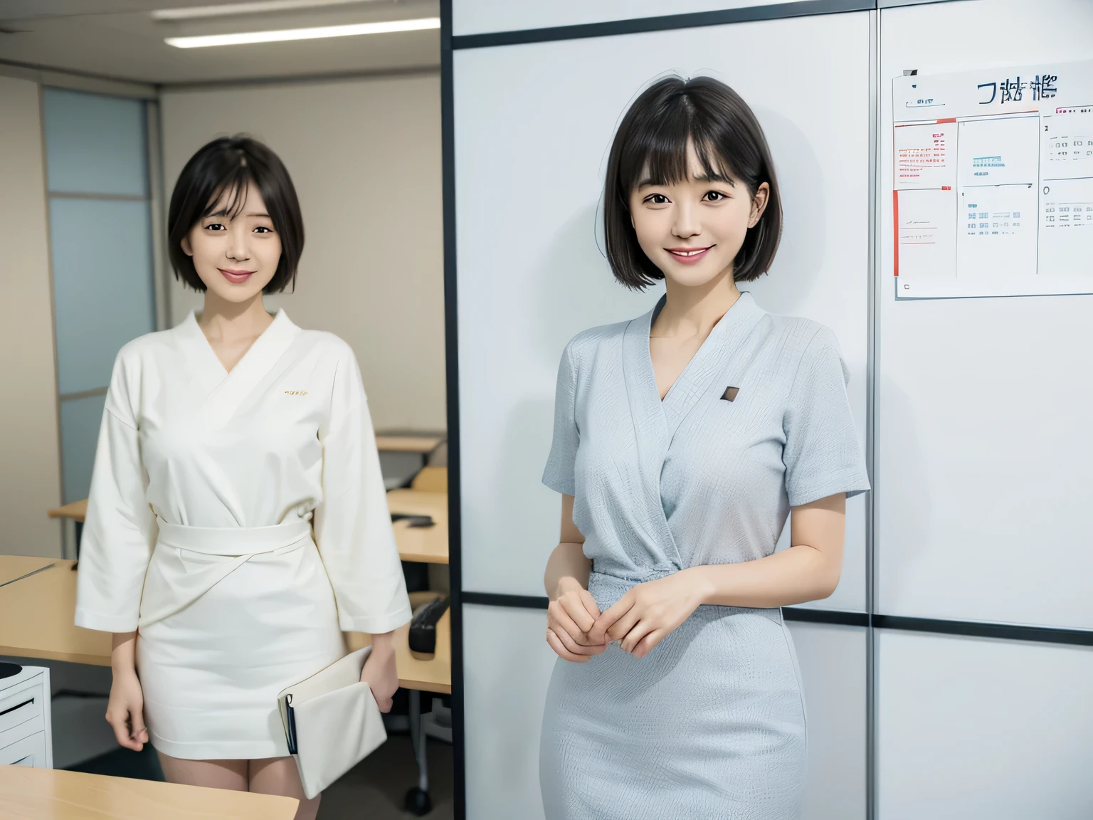 有一位Japan Office女士,Cute smile,Short hair with oblique bangs,In modern minimalist office,looking at the wall, Simple business casual attire,simple clothes,There is a whiteboard on the wall, minimalist , Japan Office, japanese lady, Standing in the office looking at the white ball on the wall,Modern decorated office,long shot