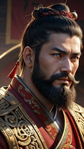 oriental、man in ancient chinese clothes、ancient chinese hairstyle man、three kingdom、multiple warlords、highest quality、masterpiece、ultra high resolution、(realistic:1.4)、game poster、Clear and beautiful image quality、Red clothes、long beard、I put a cylindrical box on my head、