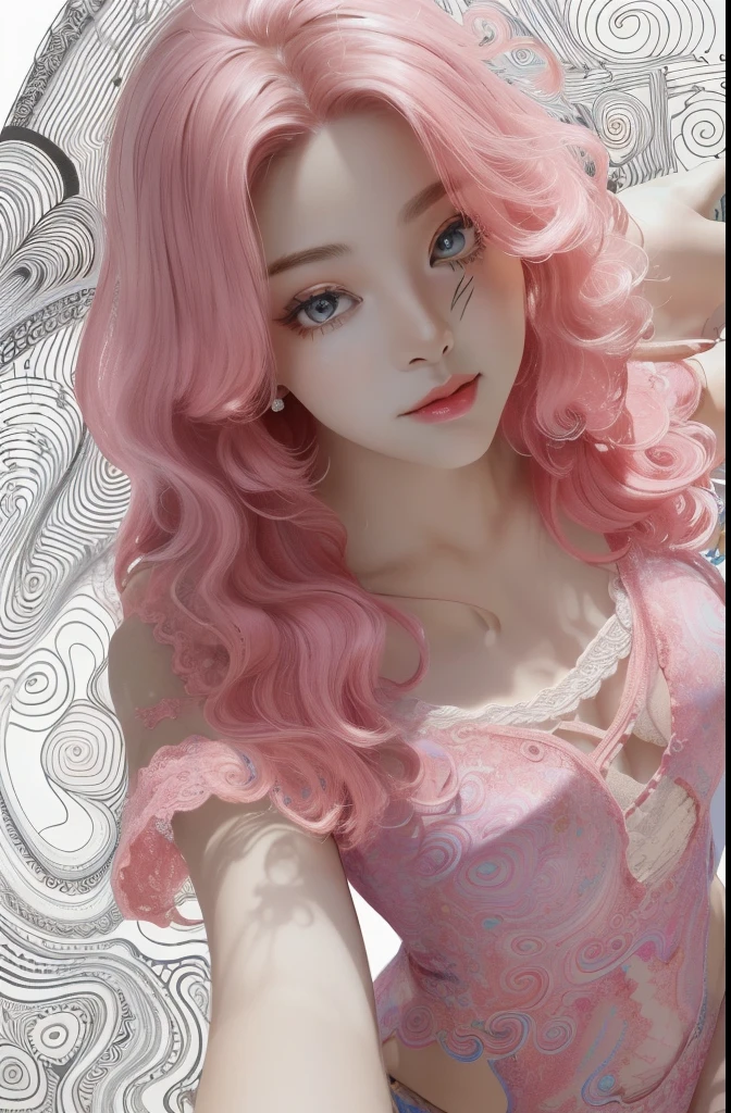((masterpiece:1.2, best quality)), super detailed, Super accurate depiction, super detailed的描绘, (Zentangle:1.2), (dynamic poses), (abstract background:1.5), wavy long hair, pink hair,A beautiful one-piece lace female figure, 1 Lace Girl, colorful, portrait, (from above:1.2)