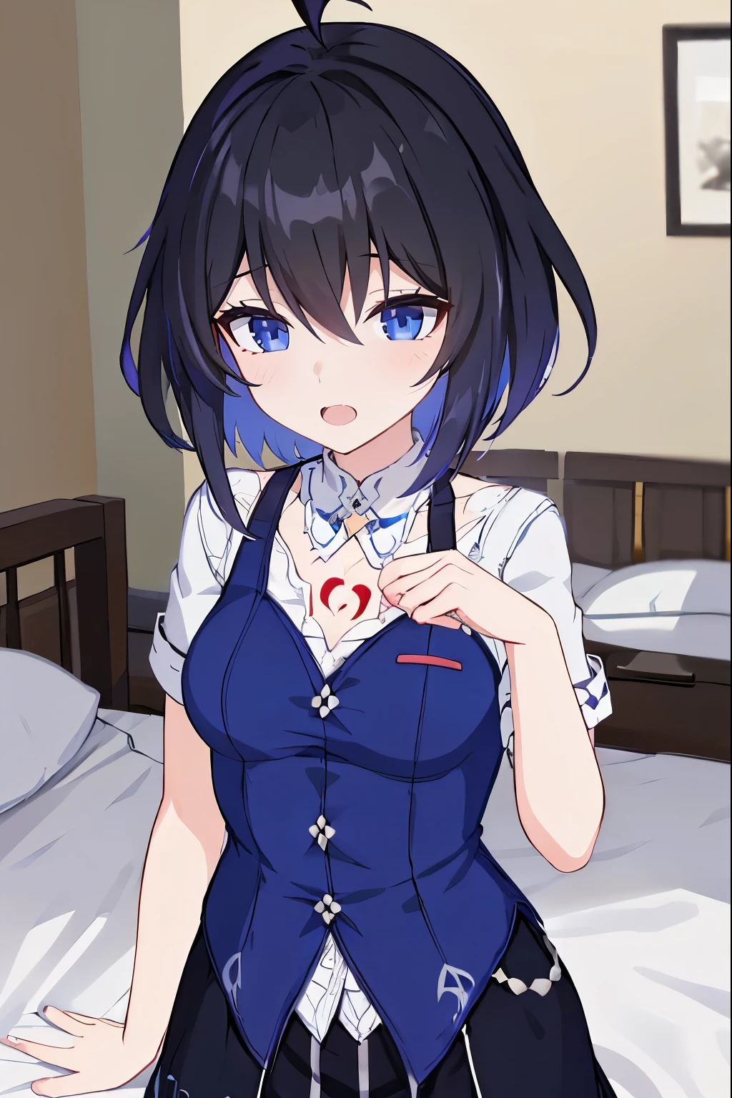 1 girl, best quality, ultra high res, ahoge, Seele Vollerei, medium breast, smile, small body, open mouth, azure clothes, short sleeves, bedroom, white bed sheets, pov, chest  tattoo, upper body, looking at viewers, looking you, blue eyes, black hair, blue hair, perfect detailed, 